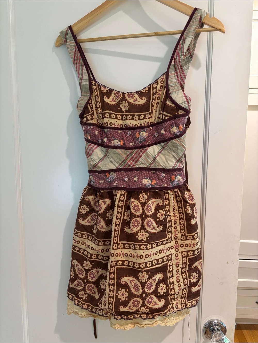 Free People Brown Patchwork Paisley Mini Dress with Plum Accents